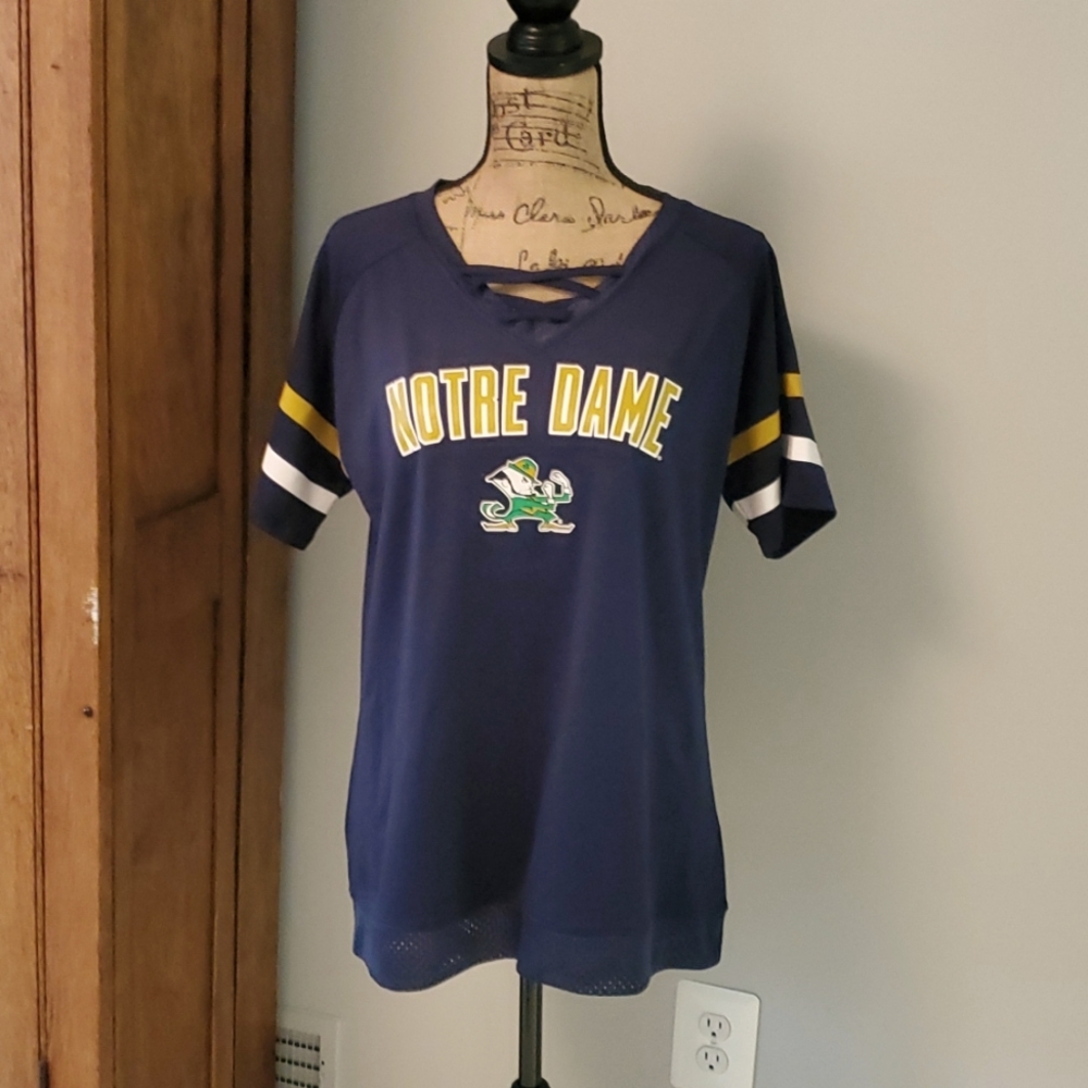 Notre Dame womens fitted size 1X(16) team top. With football jersey fabric trim
